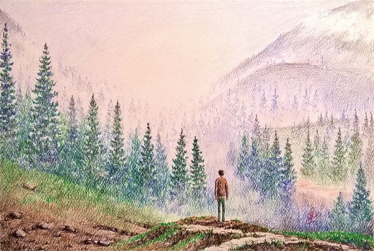 Colline misteriose, di Patrick Ezechiele. Disegno a colori, matite colorate su carta 20 x 30 cm.