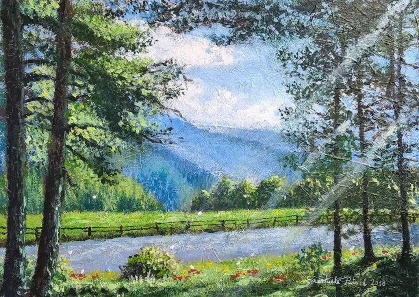 Scorcio ad Anterivo, di Patrick Ezechiele. Dipinto a colori, acrilico su pannello telato 25 x 35 cm.