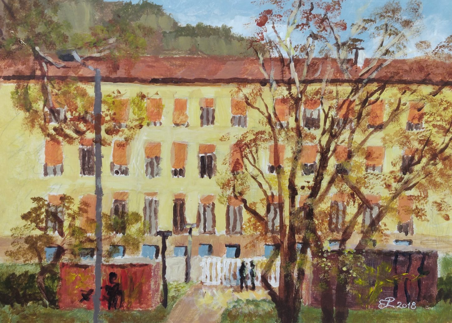 Compito in classe, di Patrick Ezechiele. Dipinto a colori, acrilico su carta 24 x 33 cm.