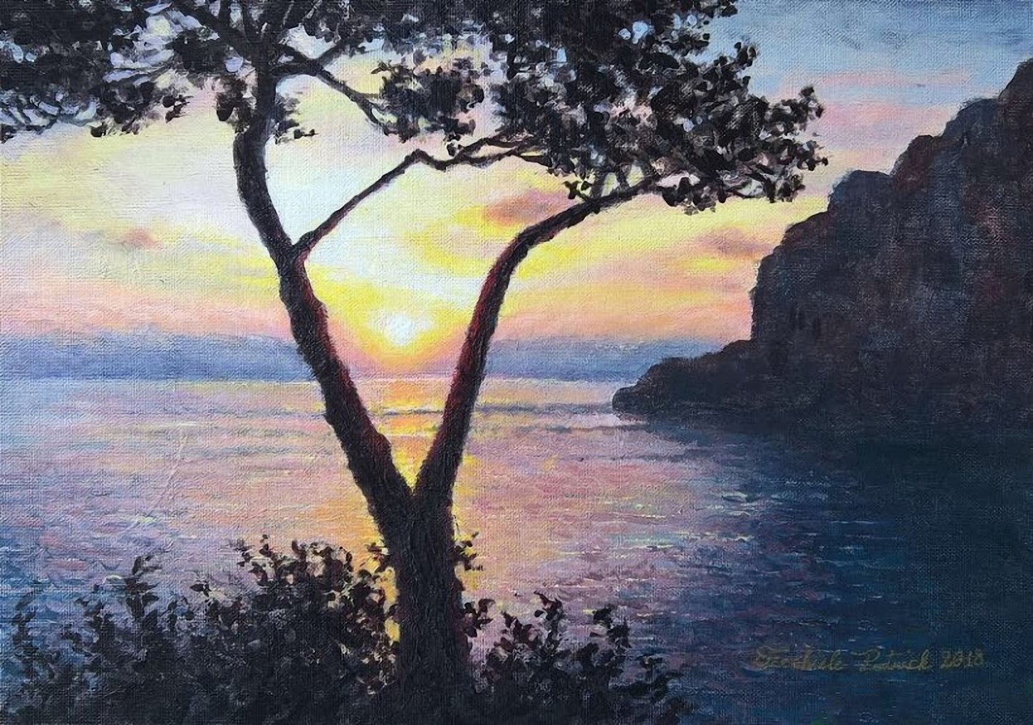 Tramonto al Belvedere di Tragara, di Patrick Ezechiele. Dipinto a colori, acrilico su pannello telato 25 x 35 cm.