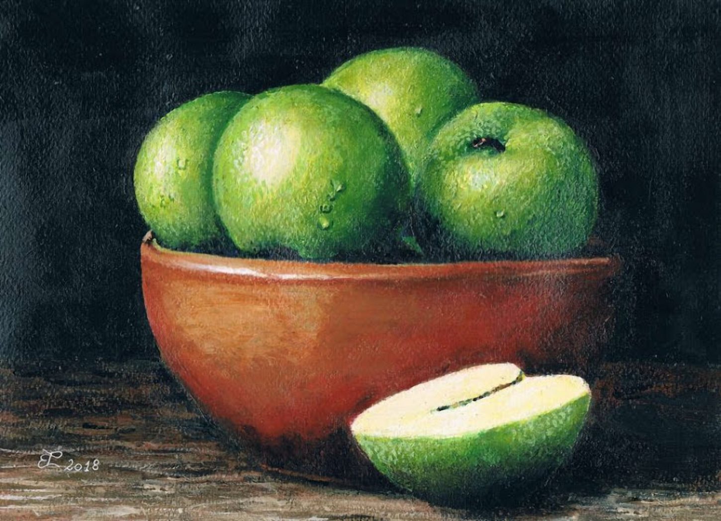 Le mele più buone del mondo, di Patrick Ezechiele. Dipinto a colori, acrilico su carta 24 x 32 cm.