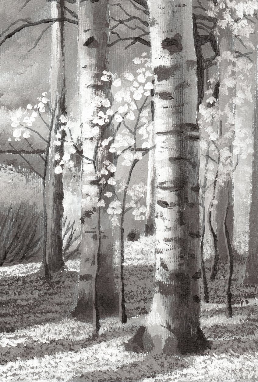 Betulle, di Patrick Ezechiele. Dipinto in bianco e nero, acrilico su carta.