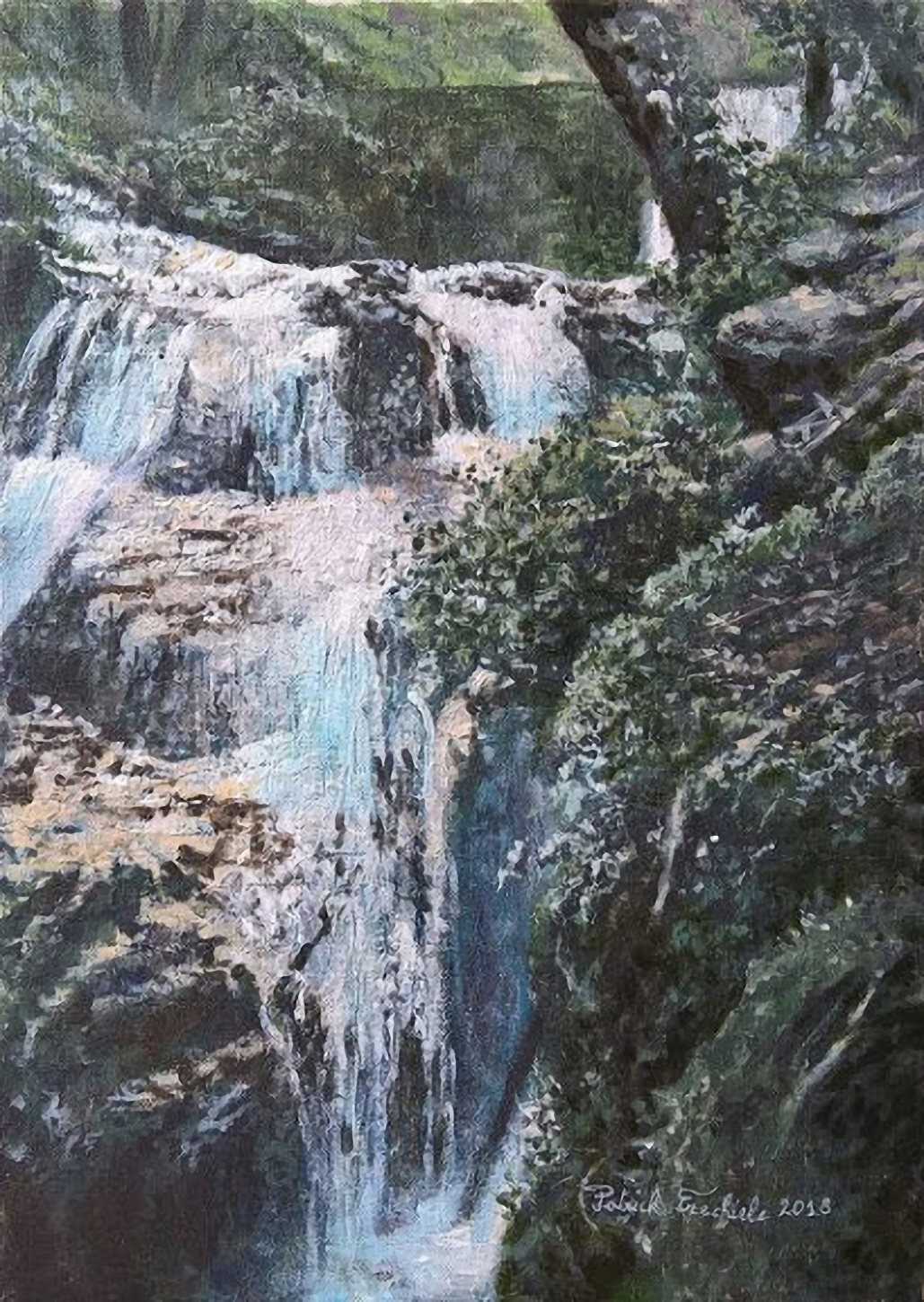 Cascate al Vallone delle Ferriere, di Patrick Ezechiele. Dipinto a colori, acrilico su pannello telato 35 x 25 cm.