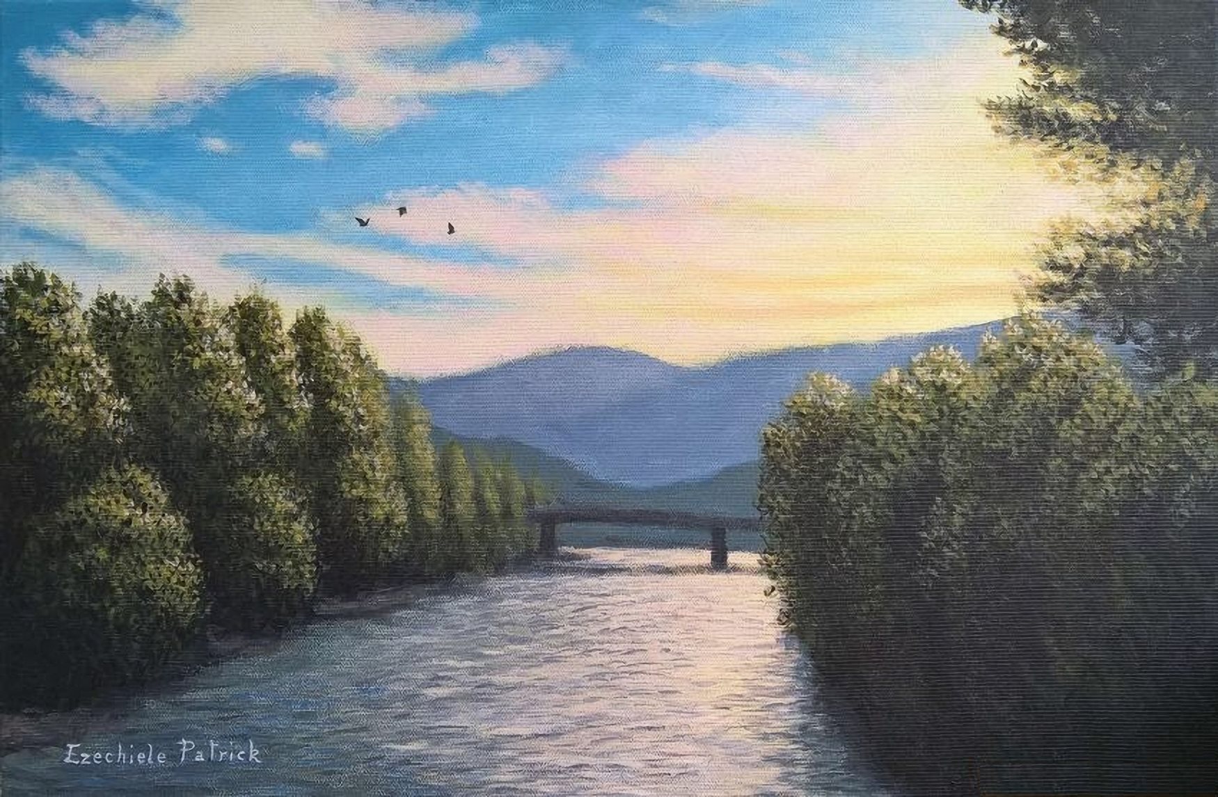 Tramonto sull'Isarco, di Patrick Ezechiele. Dipinto a colori, acrilico su tela 40 x 60 cm.