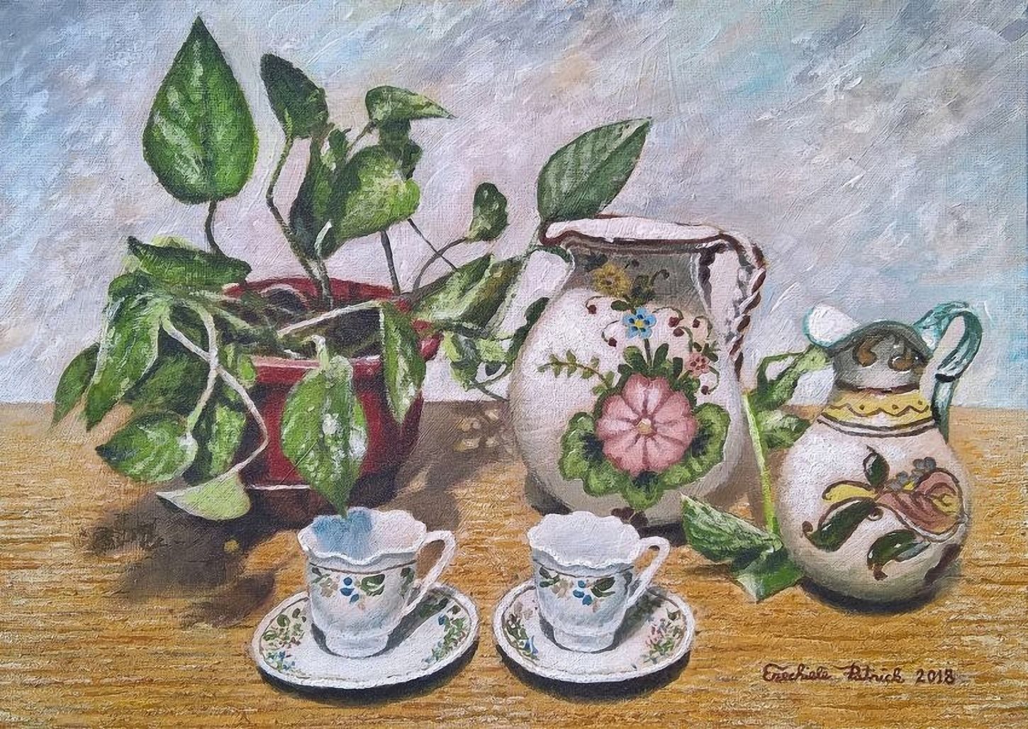 Una storia risorge, di Patrick Ezechiele. Dipinto a colori, acrilico su pannello telato 25 x 35 cm.