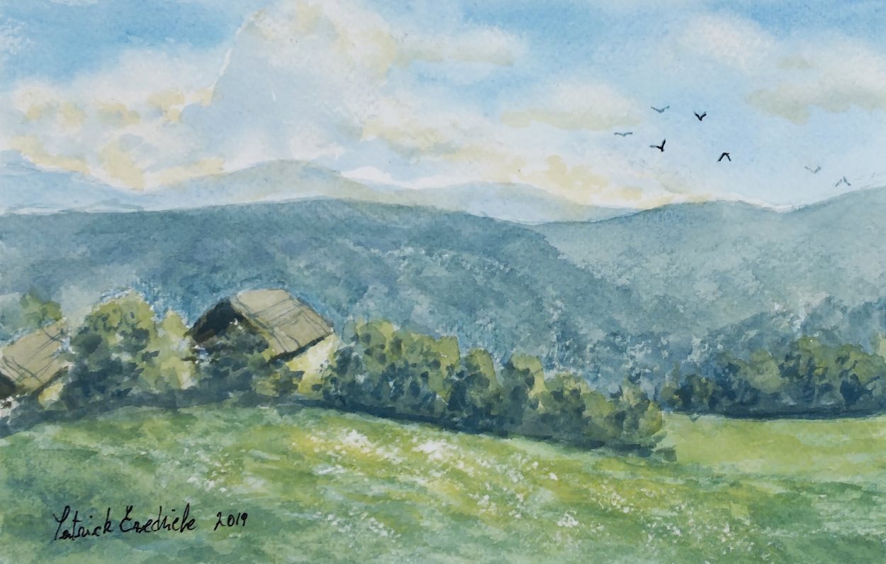 Dal trenino del Renon, di Patrick Ezechiele. Dipinto a colori, acquerello su carta 17 x 26 cm.