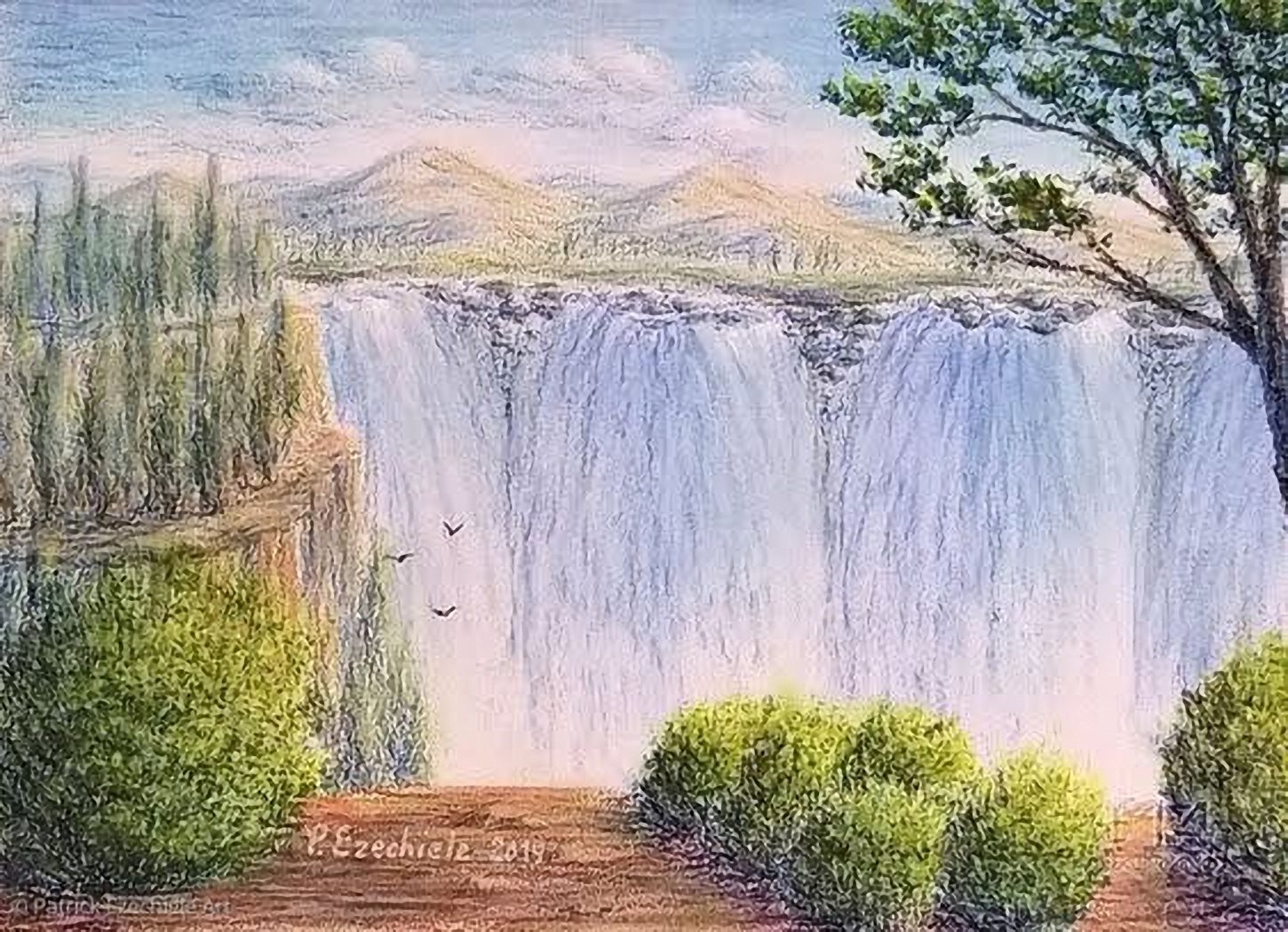 Cascate della verità, di Patrick Ezechiele. Disegno a colori, con pastelli ad olio su carta.