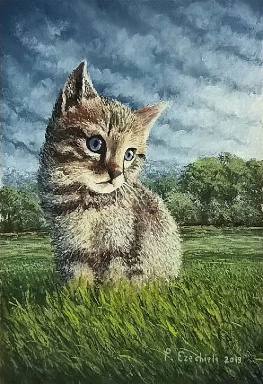 Il gatto Merlino, di Patrick Ezechiele. Dipinto a colori, olio su carta.