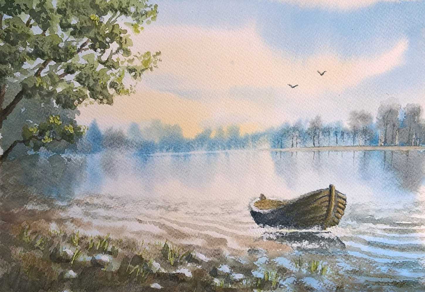 Sosta al lago, di Patrick Ezechiele. Dipinto a colori, acquerello su carta.