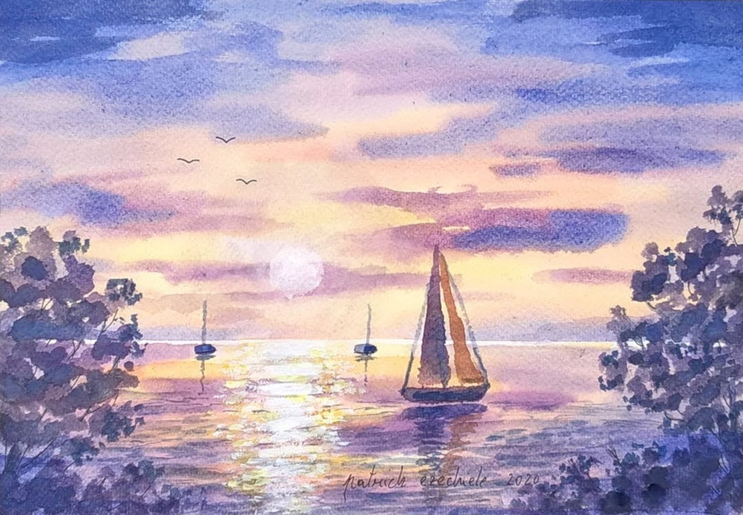 Tramonto al lago, di Patrick Ezechiele. Dipinto a colori, acquerello su carta.