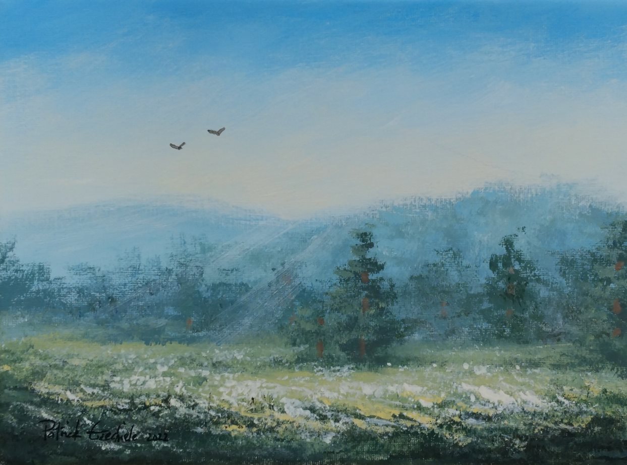 In un tempo senza tempo, di Patrick Ezechiele. Dipinto a colori, acrilico su tela 18 x 24 cm.