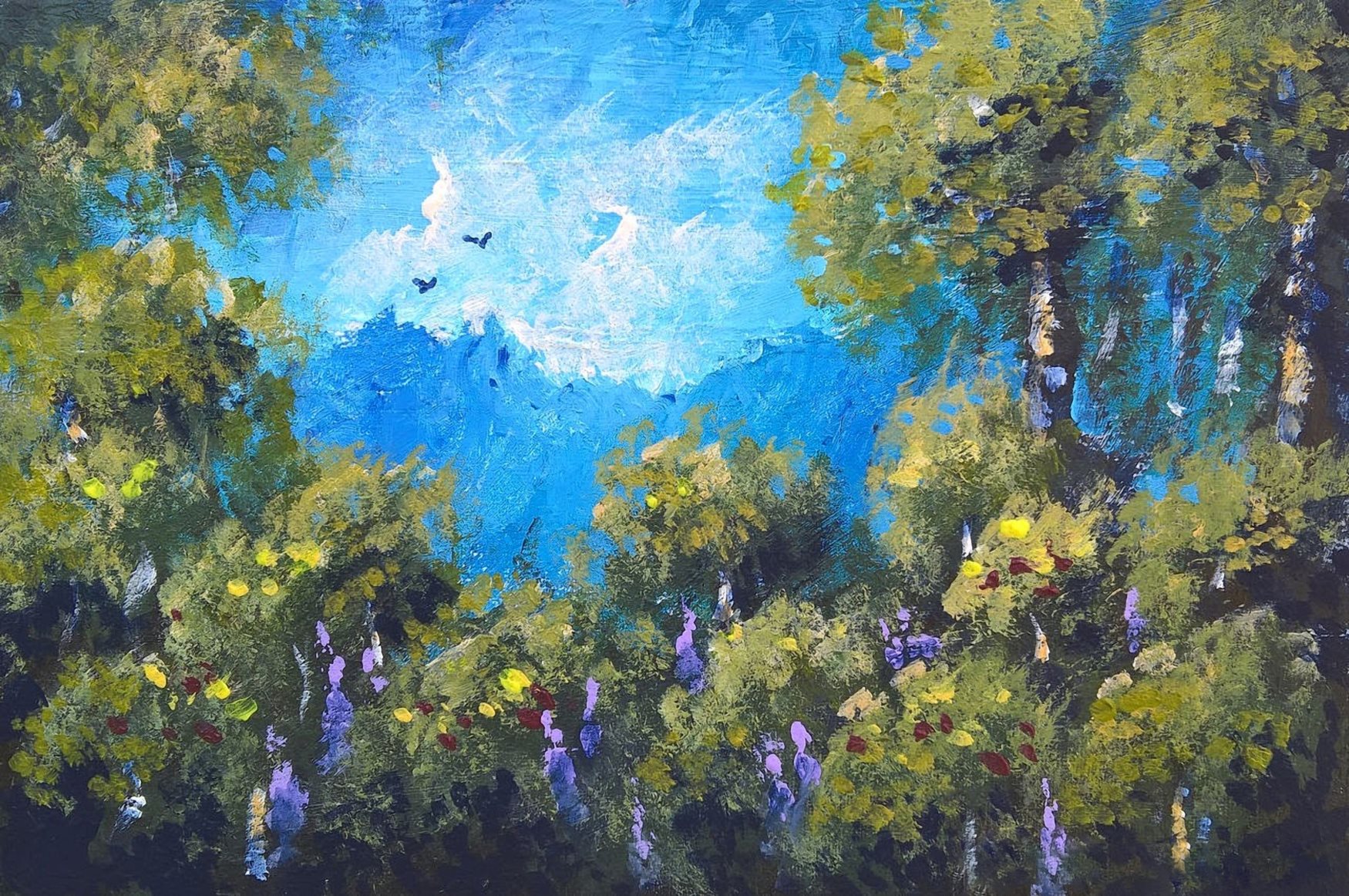 Scorcio sulla Valle Eterna, di Patrick Ezechiele. Dipinto a colori, acrilico su tela 30 x 40 cm.