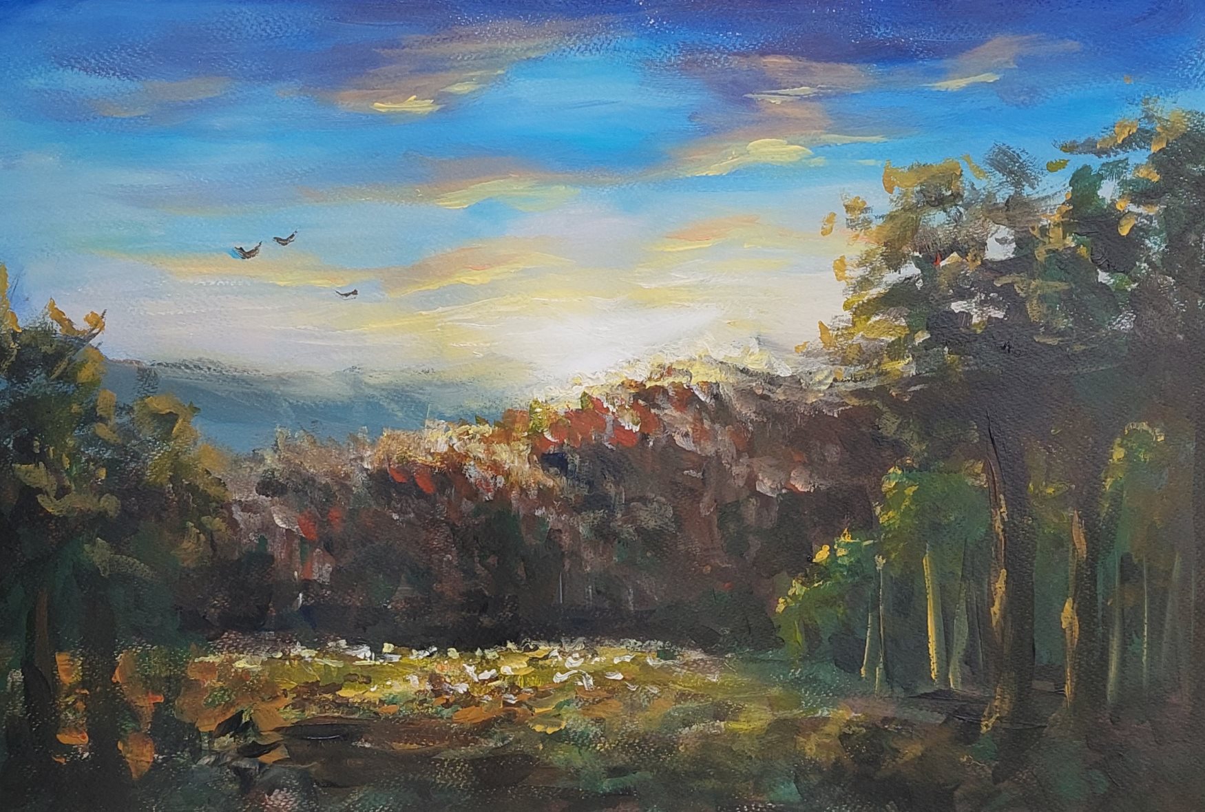 Il giorno della rinascita, di Patrick Ezechiele. Dipinto a colori, acrilico su carta 32 x 47 cm.